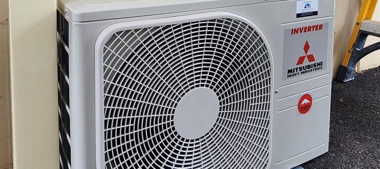 Close-up of a Mitsubishi Heavy Industries inverter air conditioner