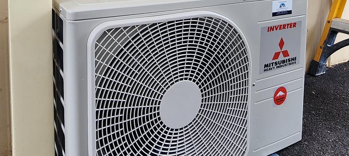 Close-up of a Mitsubishi Heavy Industries inverter air conditioner