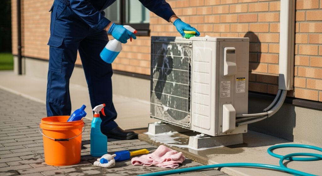 A technician cleaning the outdoor unit of AC