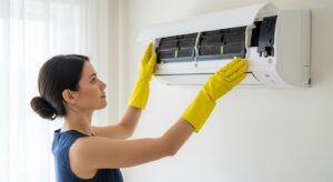 A woman with yellow gloves cleaning an AC