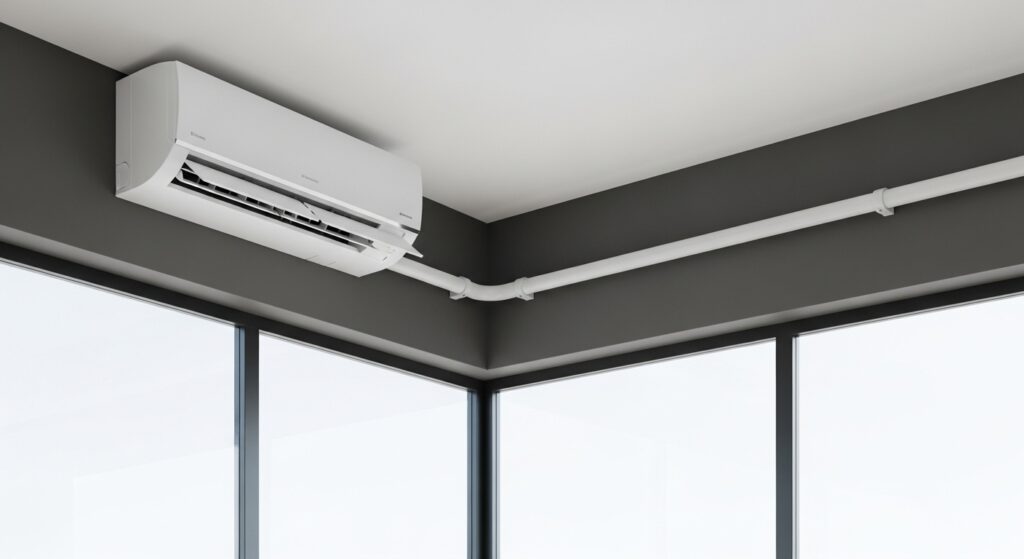 Indoor split air conditioner mounted high on a dark gray wall near the ceiling