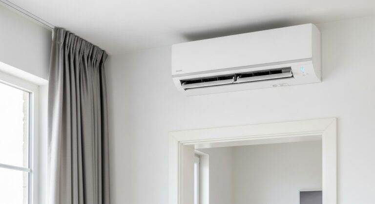 Modern indoor split air conditioning unit mounted high on a white wall