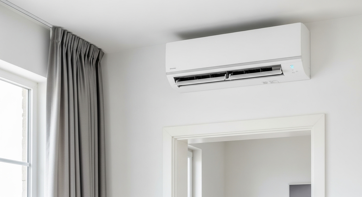 Modern indoor split air conditioning unit mounted high on a white wall